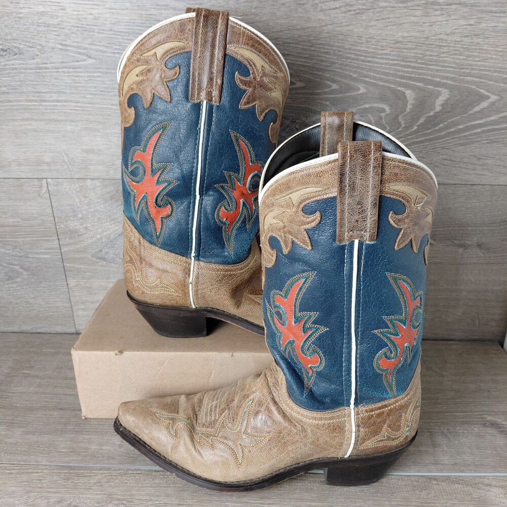 Laredo Boots Mens 8.5 Brown Blue Red Leather Embroidered Western Cowboy Rodeo